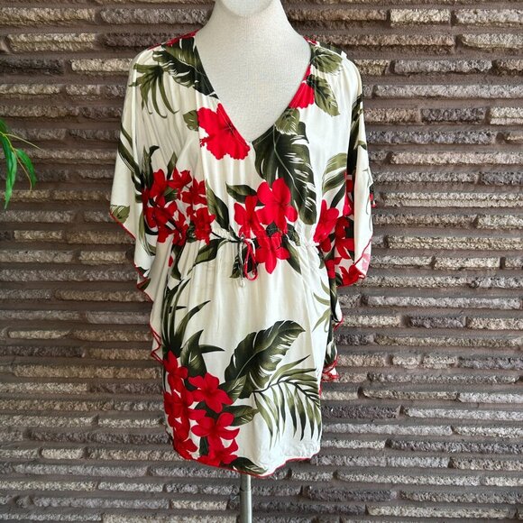 Favant Hawaiian Red Hibiscus Flower Swim Cover up One Size - Picture 6 of 7